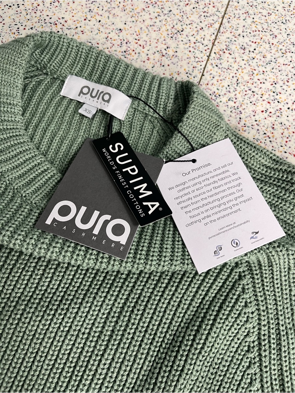 Pura Cashmere 100% Cotton Fisherman Crewneck Sweater Women’s Size XS Sage Green - Picture 4 of 7